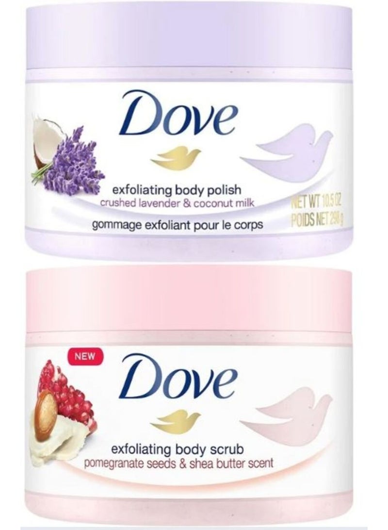 مجموعة دوف لتقشير الجسم، برائحة الرمان وزبدة الشيا والخزامى المطحون وحليب جوز الهند لبشرة ناعمة كالحرير. مقشر للجسم يقشر البشرة ويعيد إليها العناصر الغذائية الطبيعية. قطعتان